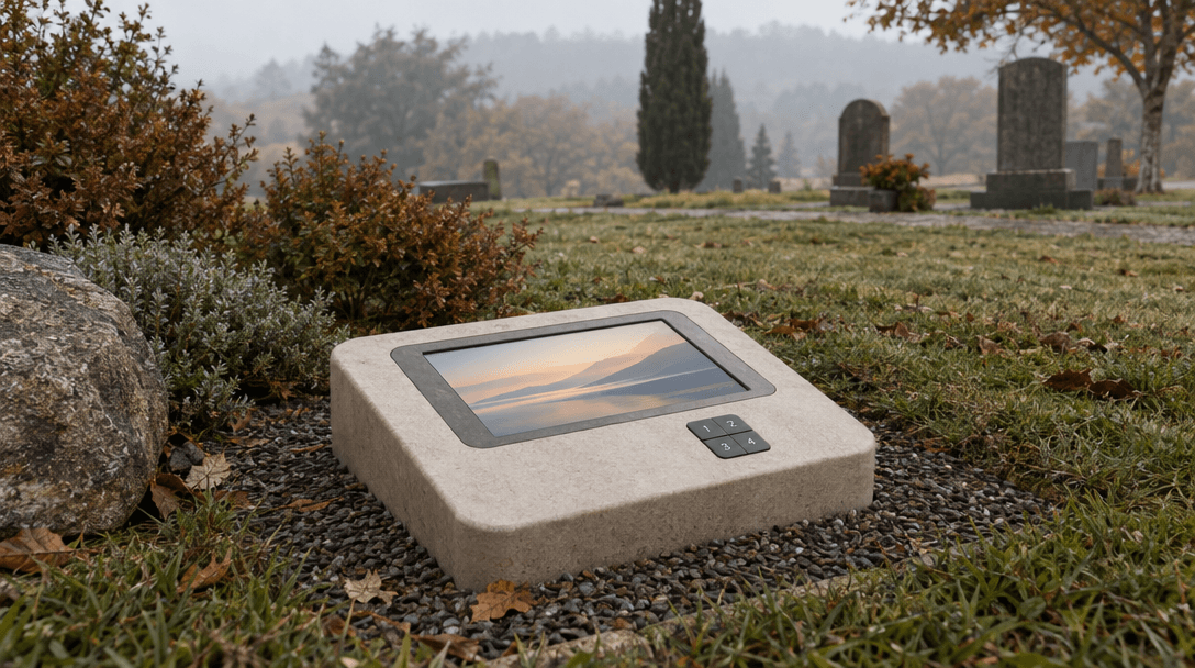 Veylstone concept memorial stone with a built-in display in a quiet outdoor setting
